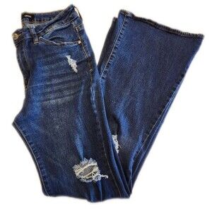 Almost Famous Dark Blue Wash Flare Leg High Rise Denim Jeans, Size 9